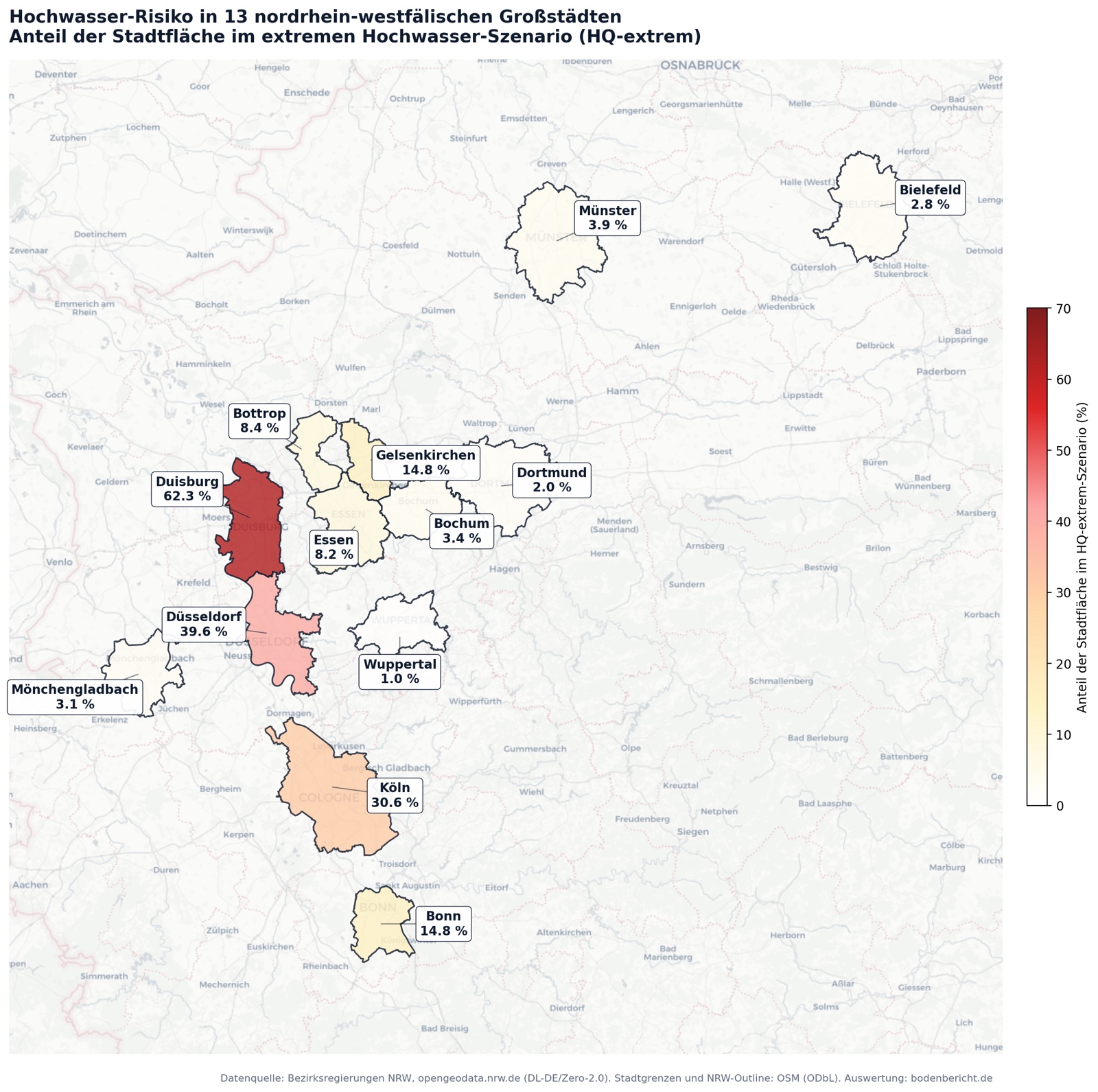 Choropleth-Karte 13 NRW-Großstädte nach HQ-extrem-Anteil