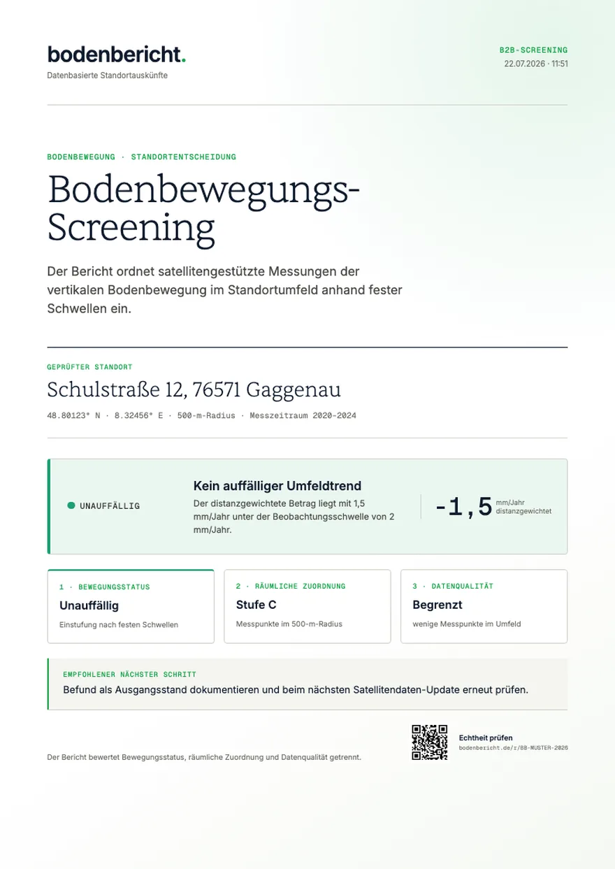 Muster-Seite: Cover des Bodenbewegungs-Berichts mit Bewegungsstatus, Stufe und Verify-QR